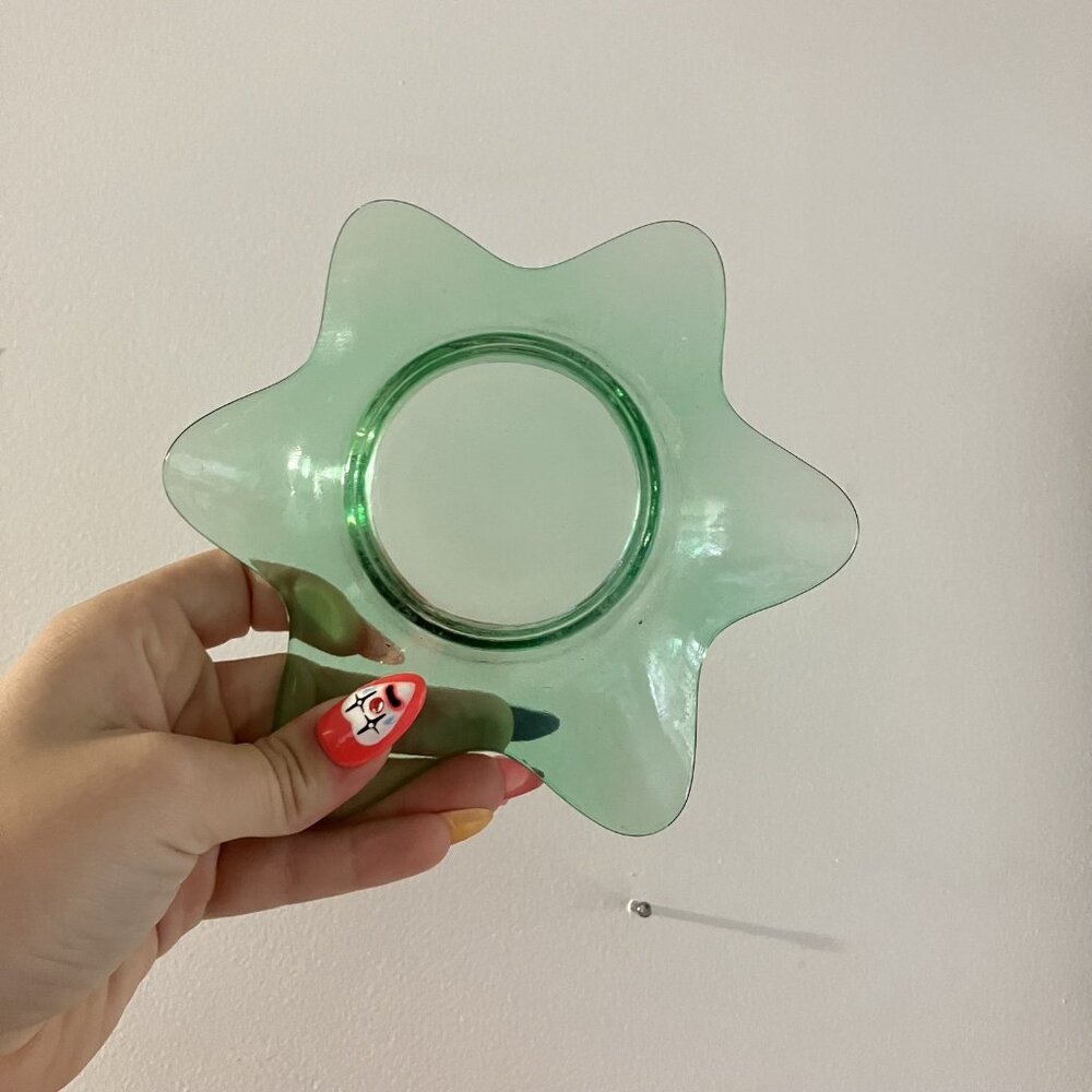 Vintage Retro 90s Y2K Flower Glass Candle Tea Light Holder Green‎ Celestial